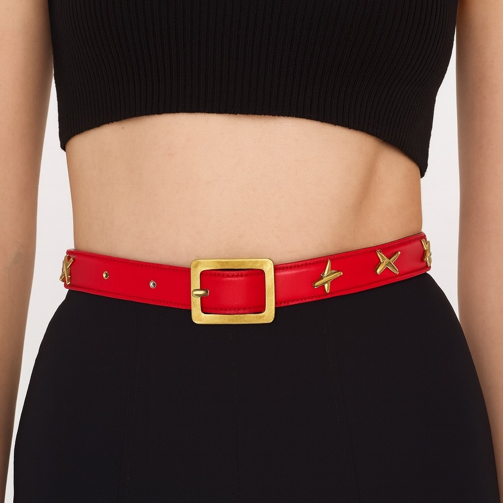 Paloma Picasso Red X’s Goldtone Thin Leather Belt Vintage 33” Size Small